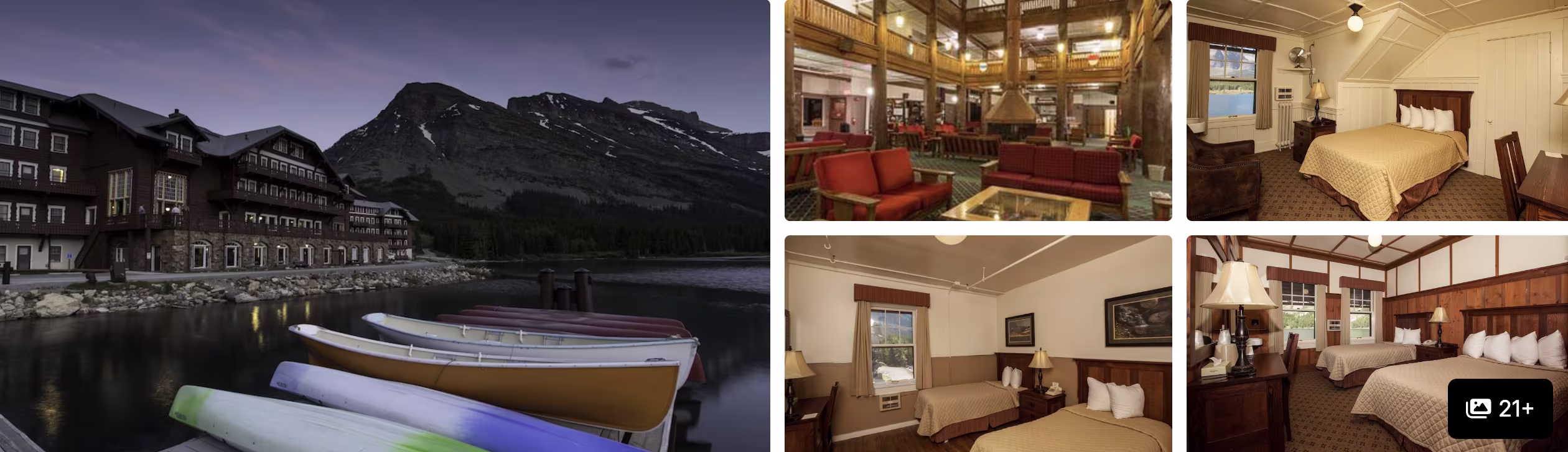 Photos of a Glacier National Park, Montana lodge: lakeside building at dusk with rowboats, grand timber lobby and guest rooms