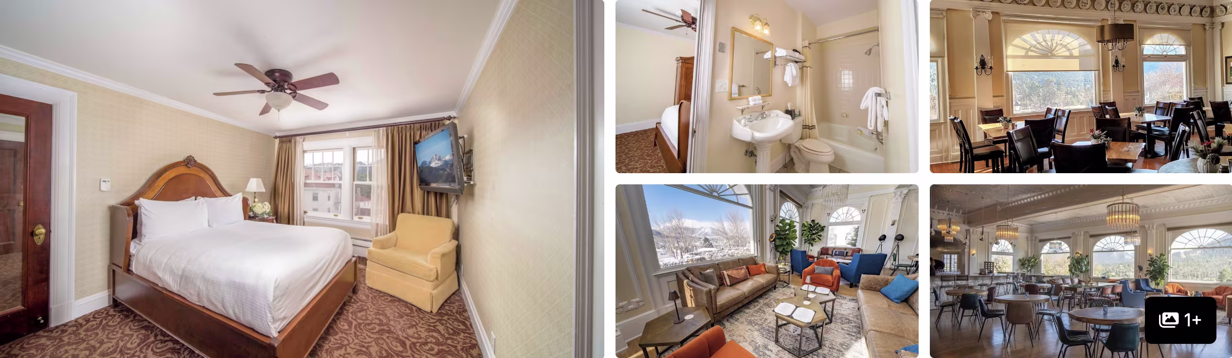 Photos of an Estes Park, Colorado stay near Rocky Mountain National Park: bedroom with ceiling fan, bathroom, mountain-view lounge and dining room
