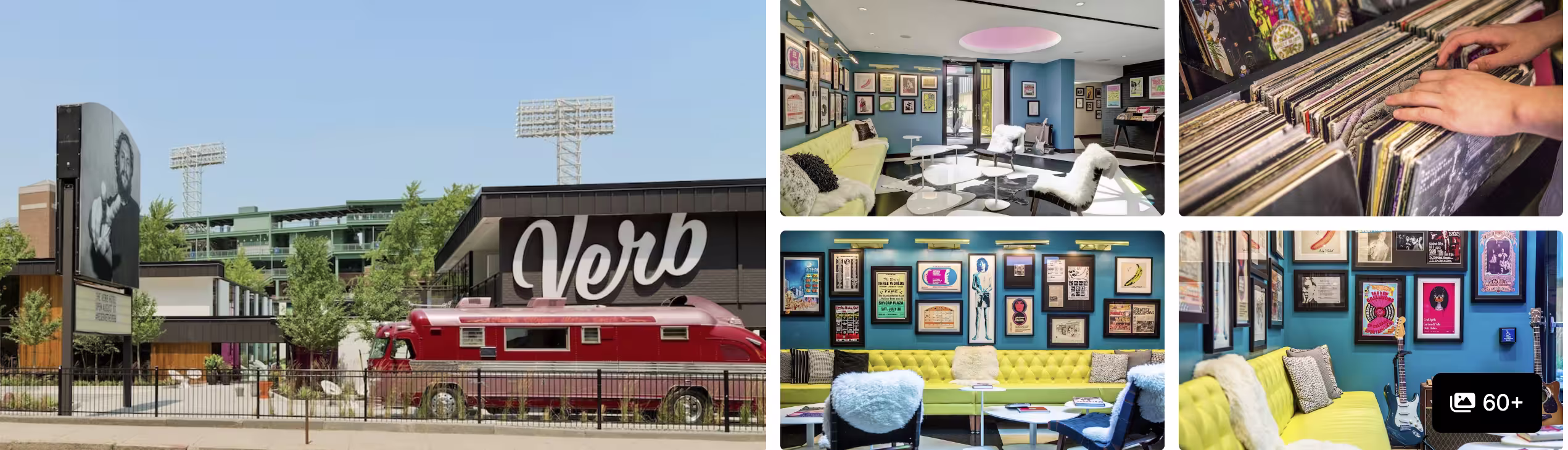 Photos of The Verb Hotel, Boston: retro motel exterior and railcar, music-themed rooms and walls of framed concert memorabilia