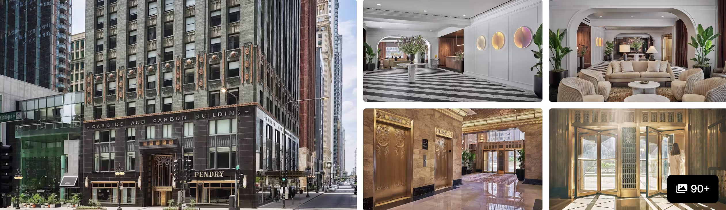 Photos of a historic Chicago, Illinois hotel: ornate stone high-rise facade, marble lobby, columned hall and lounge seating