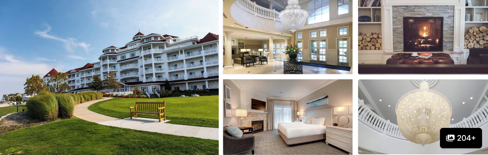 Photos of a Traverse City, Michigan resort: waterfront building with lawn, chandelier-lit interior, fireplace, guest room and decor detail
