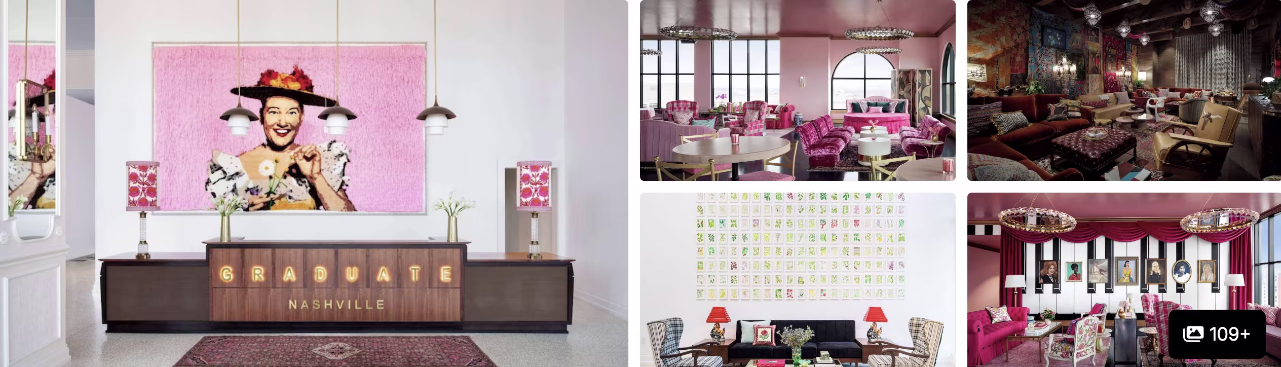 Photos of Graduate Nashville hotel: pink reception with cowboy mural, vibrant dining rooms and patterned guitar-key wall