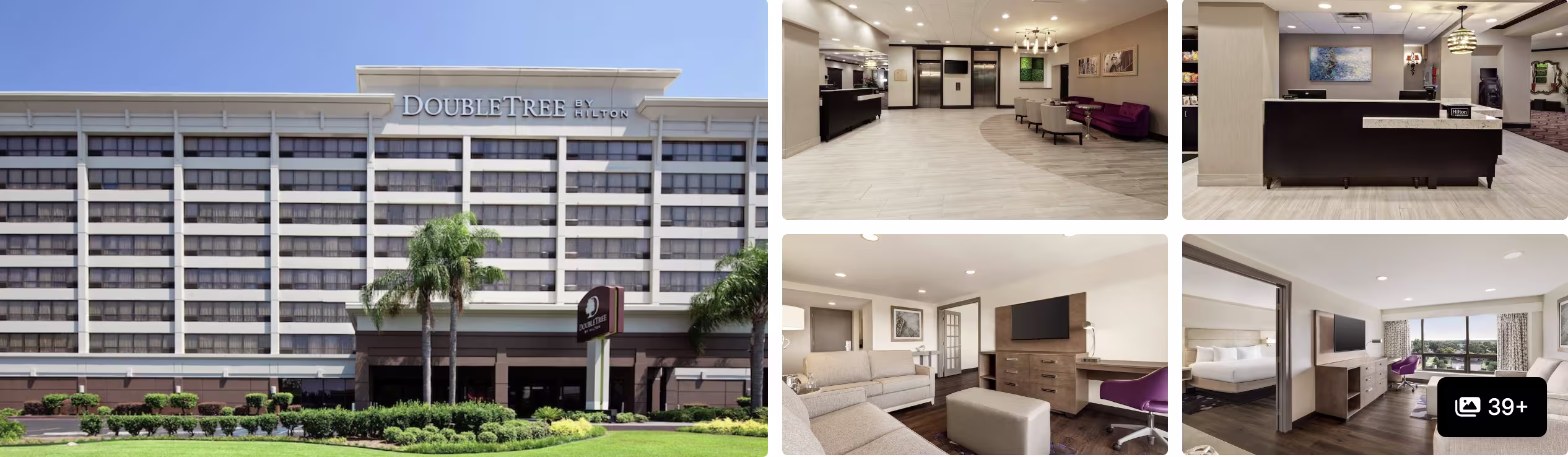 Photos of Hilton New Orleans Airport: DoubleTree tower exterior, lobby, front desk, suite living area and guest room