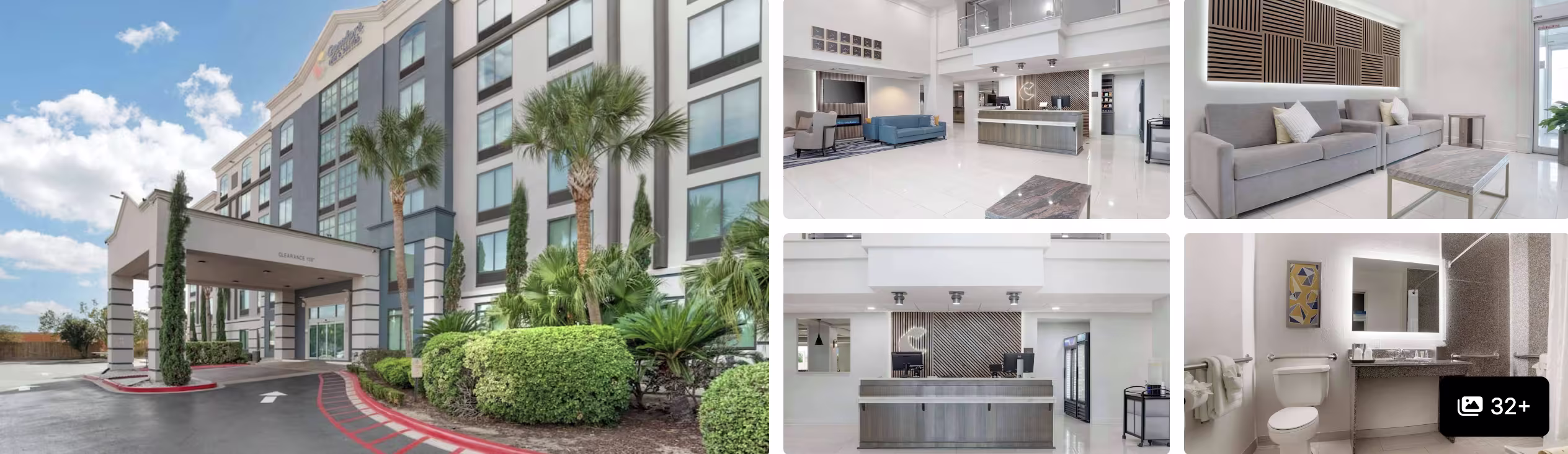 Photos of a budget hotel near MSY Airport: covered entrance with palms, lobby sofa, front desk and guest bathroom