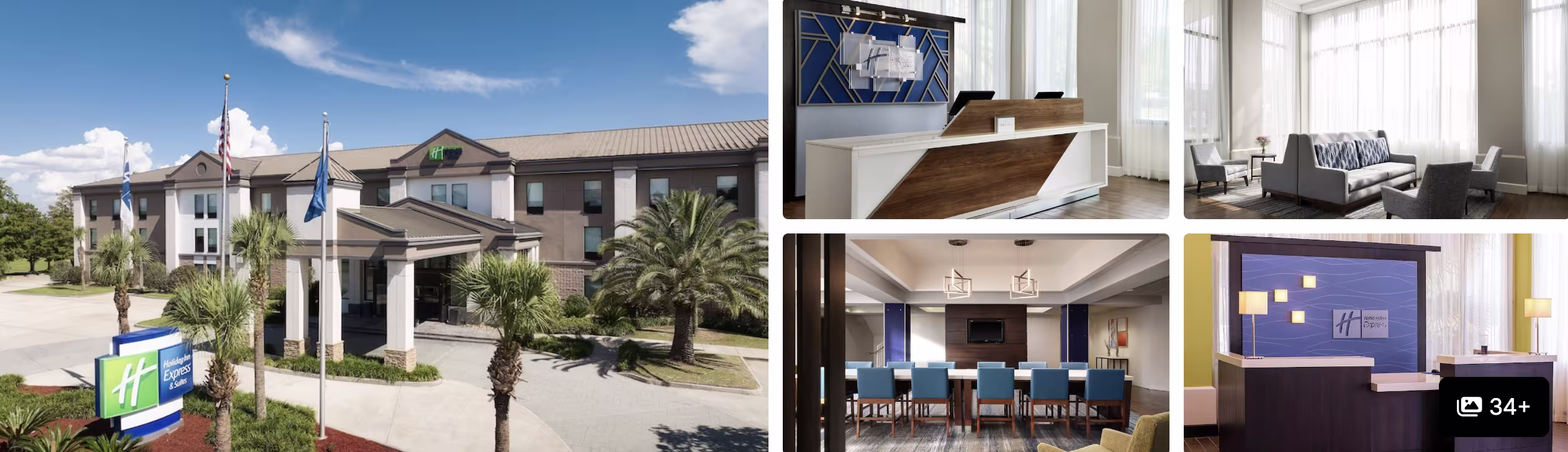 Photos of Comfort Inn and Suites New Orleans Airport North: exterior with flags, front desk, breakfast dining area and front lobby