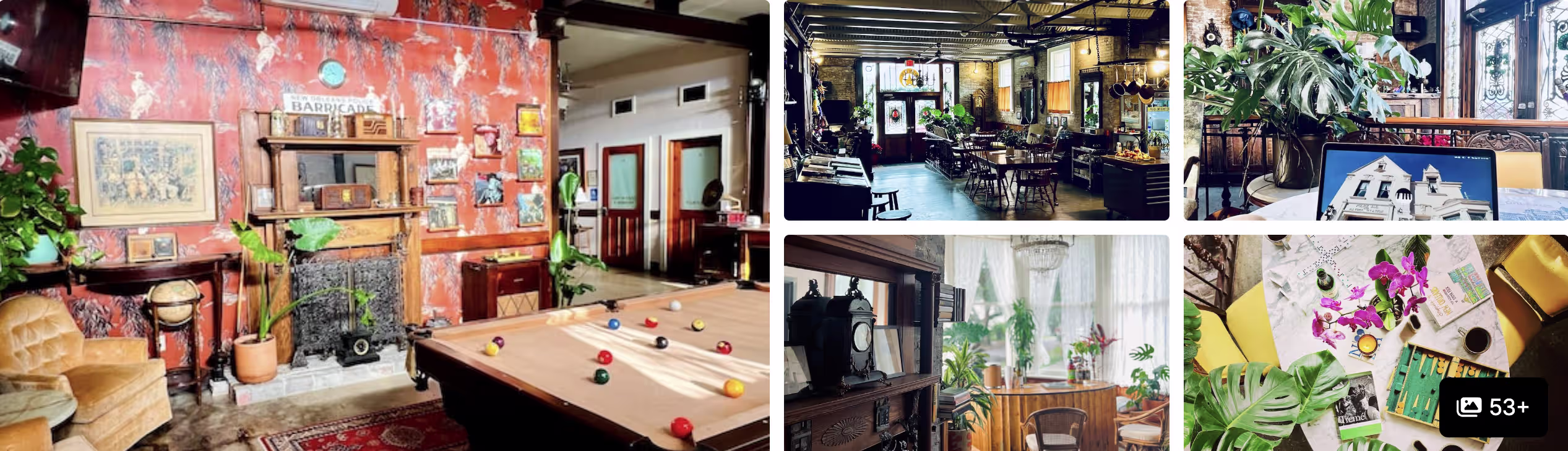 Photos of a Mid-City New Orleans guesthouse near the Jazz Fest grounds: eclectic parlor with pool table, lounges and gardens