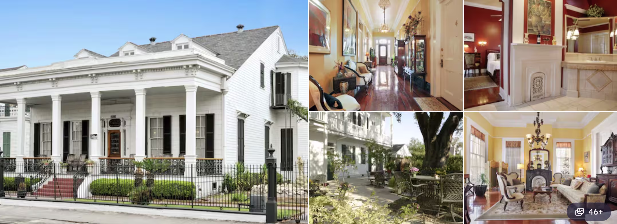 Photos of the Inn at the Old Jail, New Orleans: columned white mansion, sunlit hallway, ornate parlor and garden