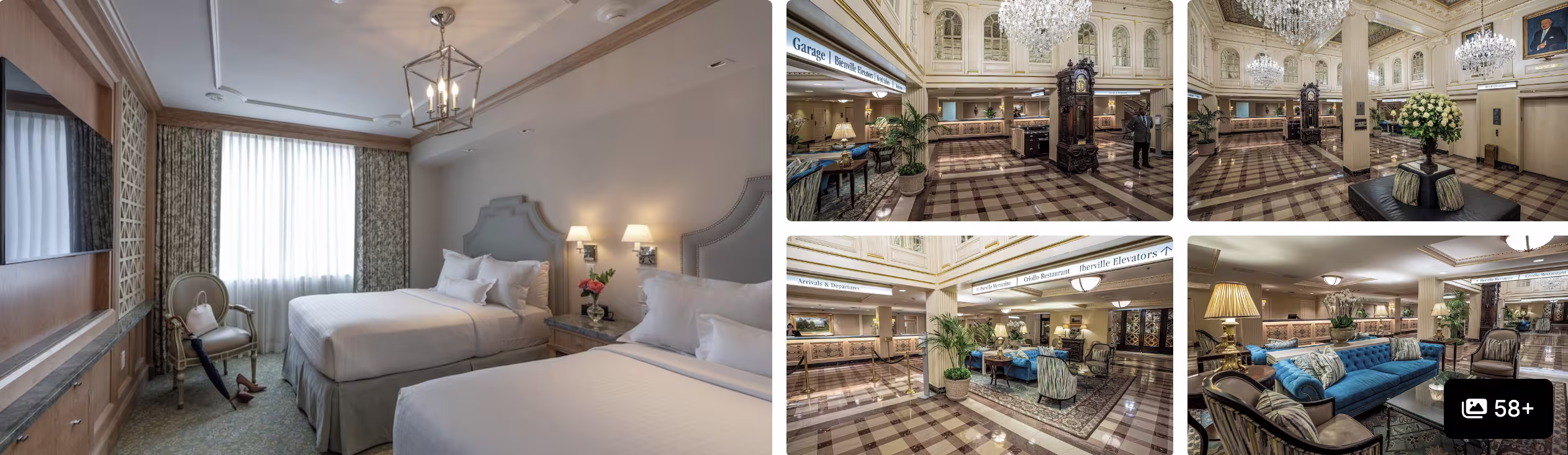 Photos of a French Quarter hotel, New Orleans: twin-bed guest room, grand chandeliered lobby and seating areas