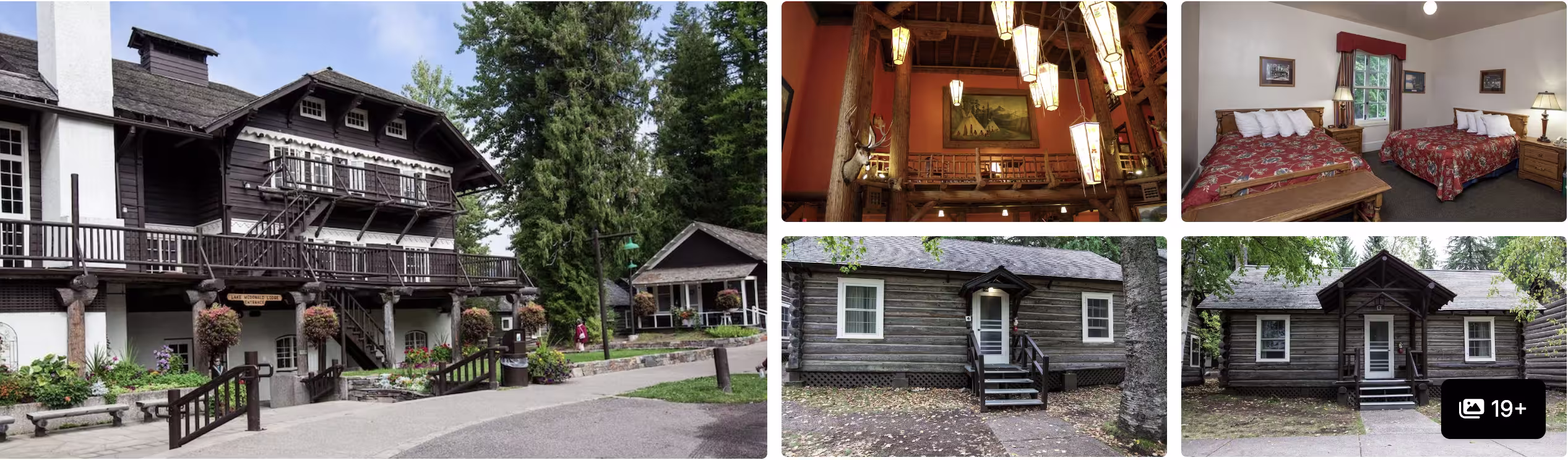 Photos of a Glacier National Park lodge, Montana: historic timber chalet, cozy guest rooms and log cabins in the forest