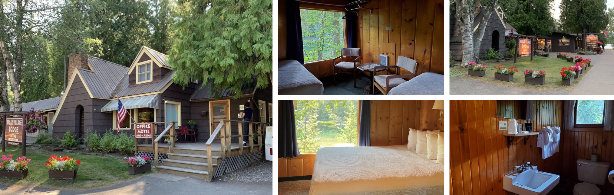 Photos of Lake McDonald Lodge, Glacier National Park: cottage exterior, wood-panelled guest rooms and bathroom