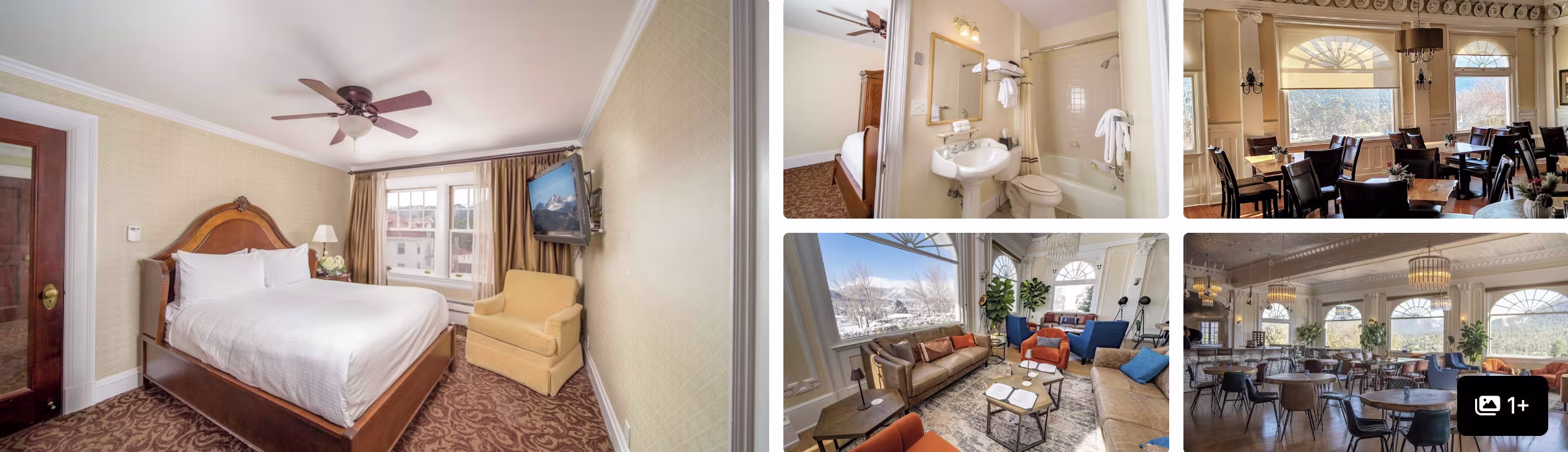 Photos of a Rocky Mountain National Park hotel, Colorado: classic guest room, lobby with arched windows and dining area