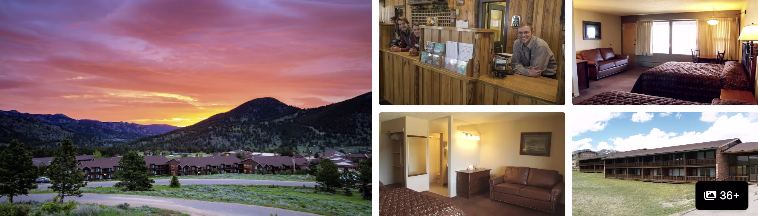 Photos of The Stanley Hotel near Rocky Mountain National Park: low-rise lodging with mountain sunset, lobby and guest rooms