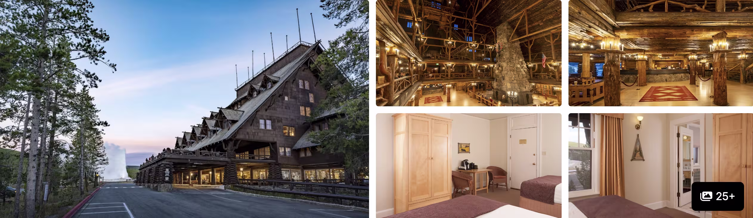 Photos of Old Faithful Inn, Yellowstone National Park: towering timber facade at dusk, multi-story log lobby and guest rooms