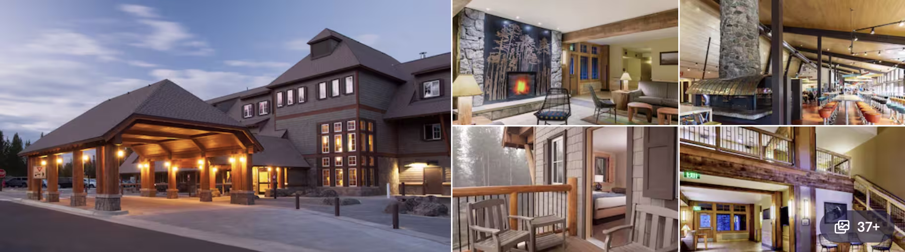Photos of Old Faithful Snow Lodge, Yellowstone: timber-and-stone exterior at dusk, fireplace lounge and wood-trimmed rooms