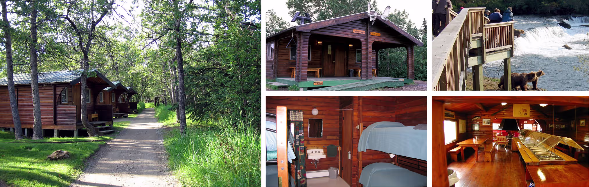 Photos of a Katmai National Park lodge, Alaska: forest cabins along a path, bunk room and viewing platform over the river
