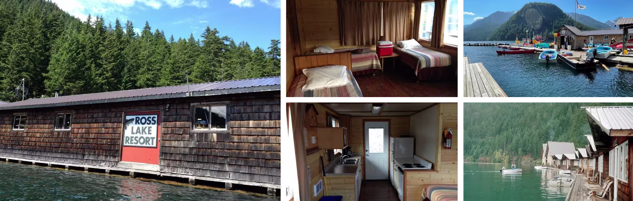 Photos of Ross Lake Resort, North Cascades National Park, Washington: floating timber cabins on the lake and rustic interiors
