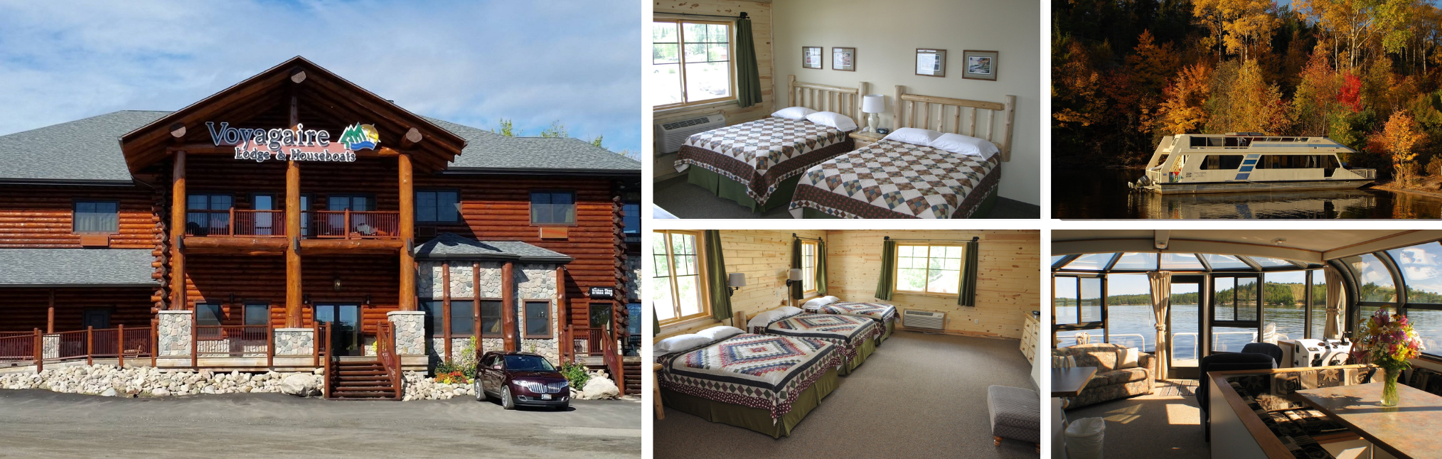 Photos of a Voyageurs National Park resort, Minnesota: log lodge exterior, guest rooms and lakeside houseboats in autumn