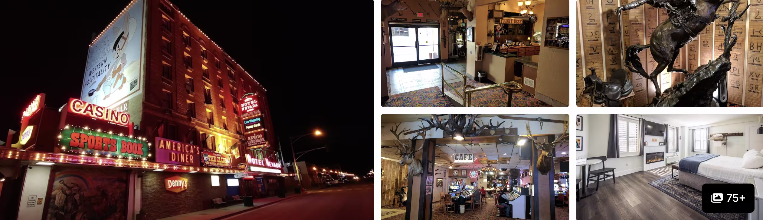 Photos of a Great Basin National Park stay, Nevada: historic casino hotel facade lit at night, lobby with mounts and guest room