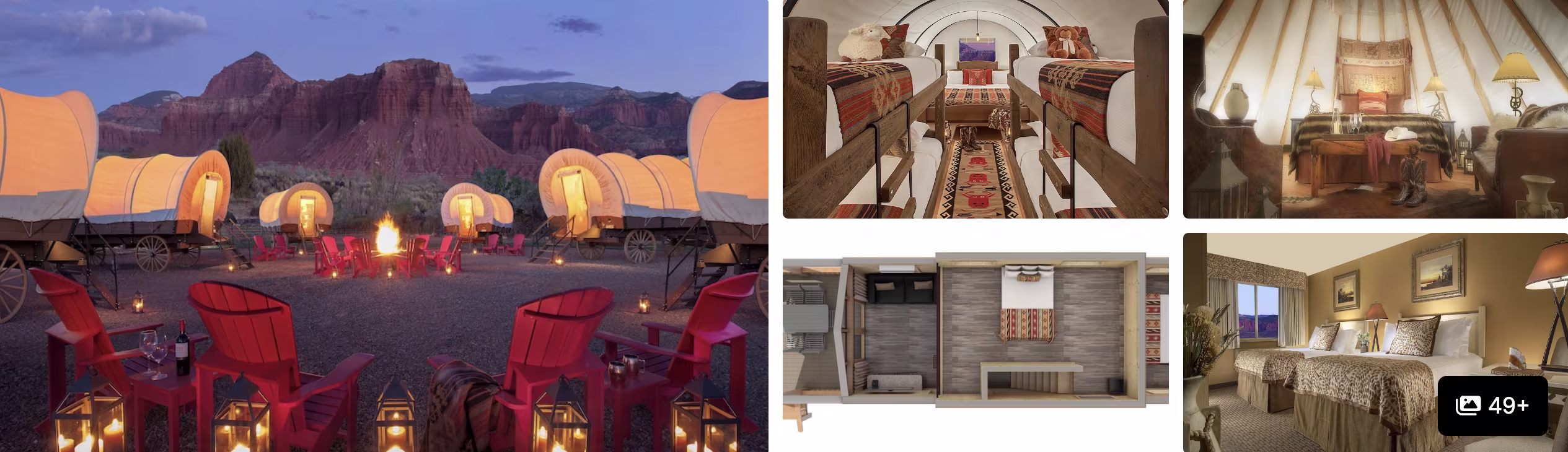 Photos of a Capitol Reef National Park stay, Utah: covered-wagon glamping by red cliffs at dusk, themed interiors and guest room