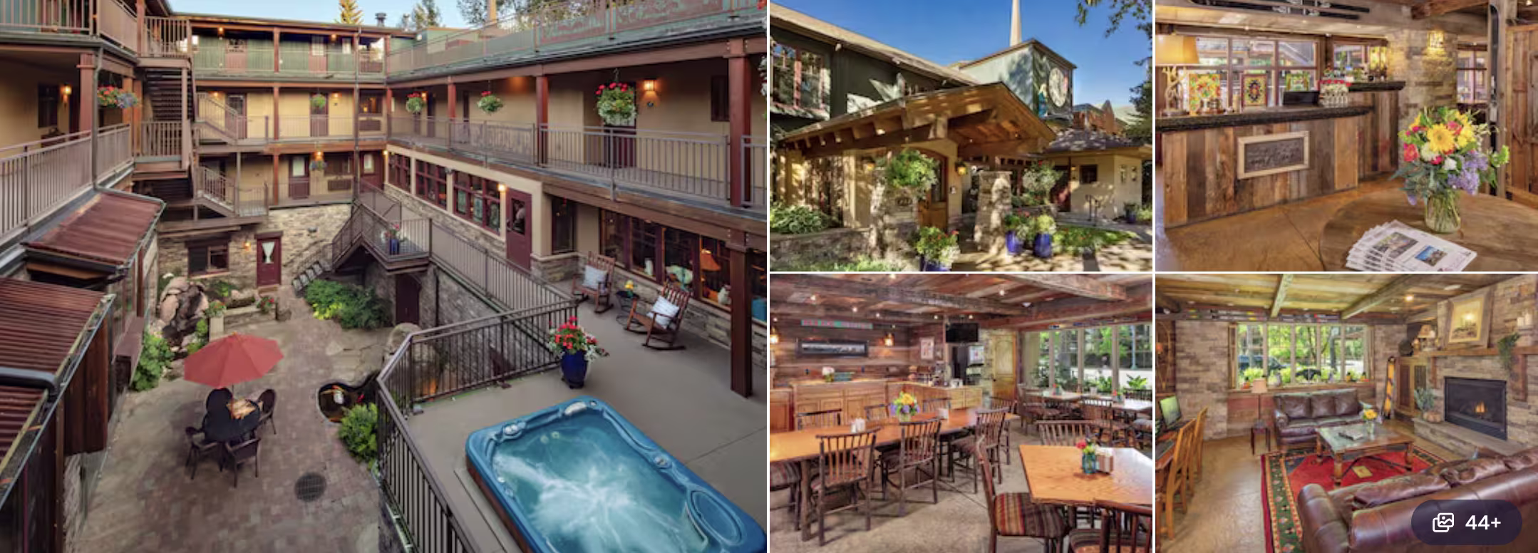 Photos of an Aspen lodge near the Ideas Festival campus: timber courtyard with hot tub, rustic dining room and lounge