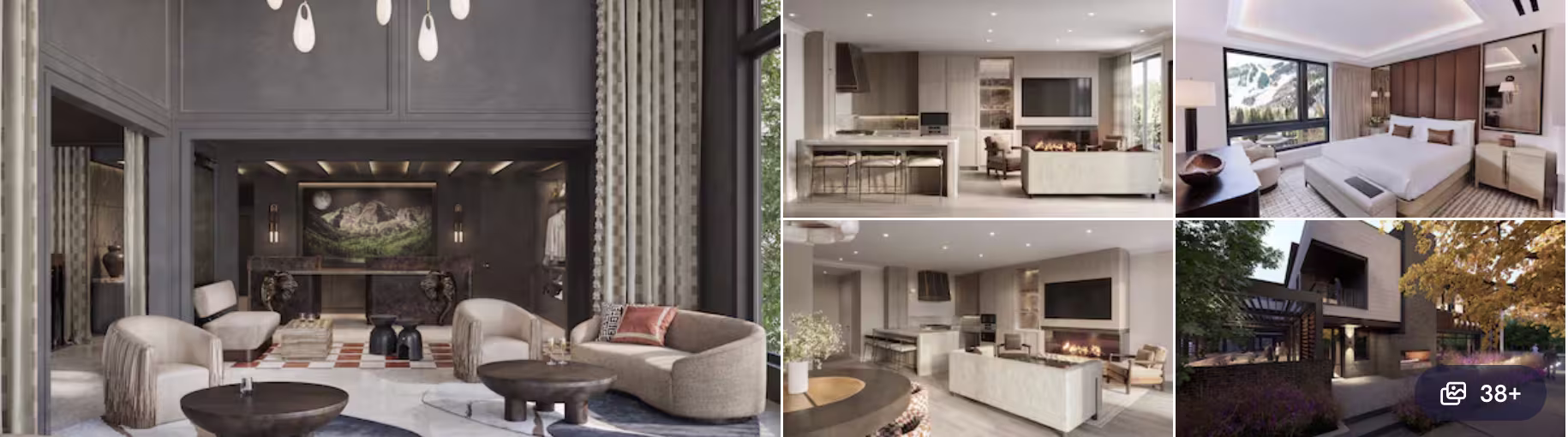 Photos of the Annabelle Inn, Aspen: contemporary lounge with fireplace, modern kitchen and bright guest bedroom