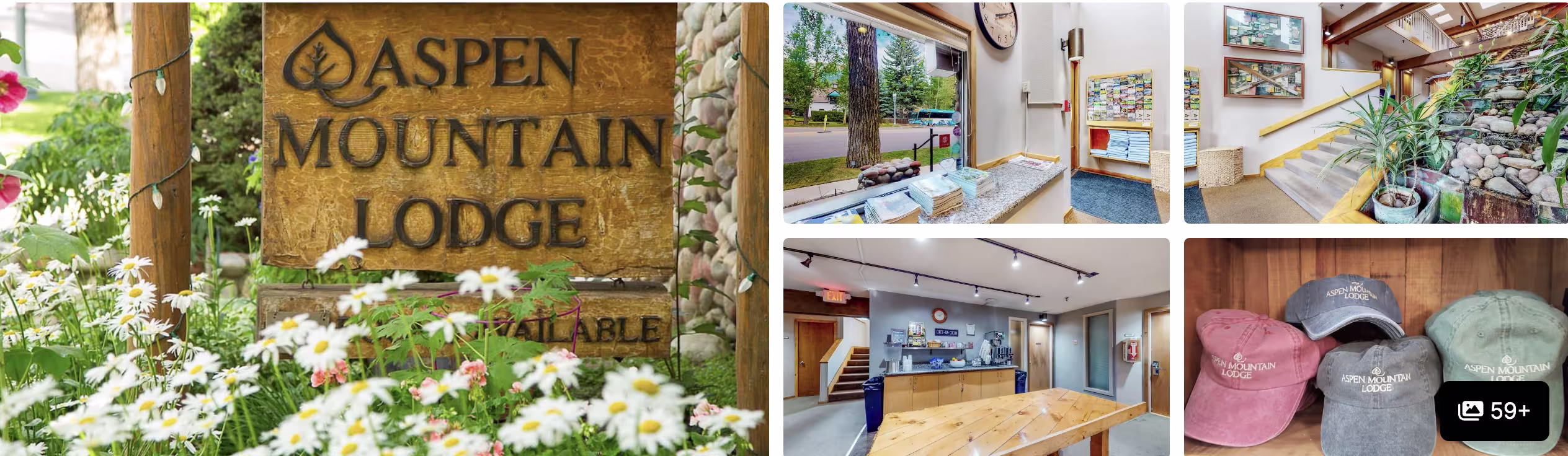 Photos of Aspen Mountain Lodge: wooden entrance sign amid daisies, lobby, front desk and branded caps