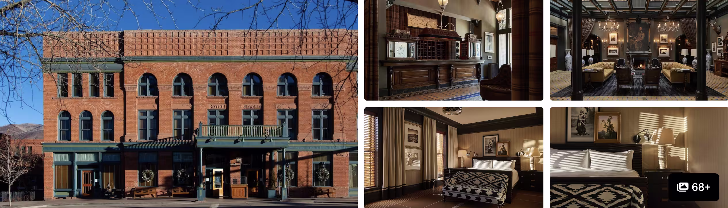 Photos of a historic downtown Aspen hotel: red-brick facade with mountains behind, wood-panelled lobby and guest rooms