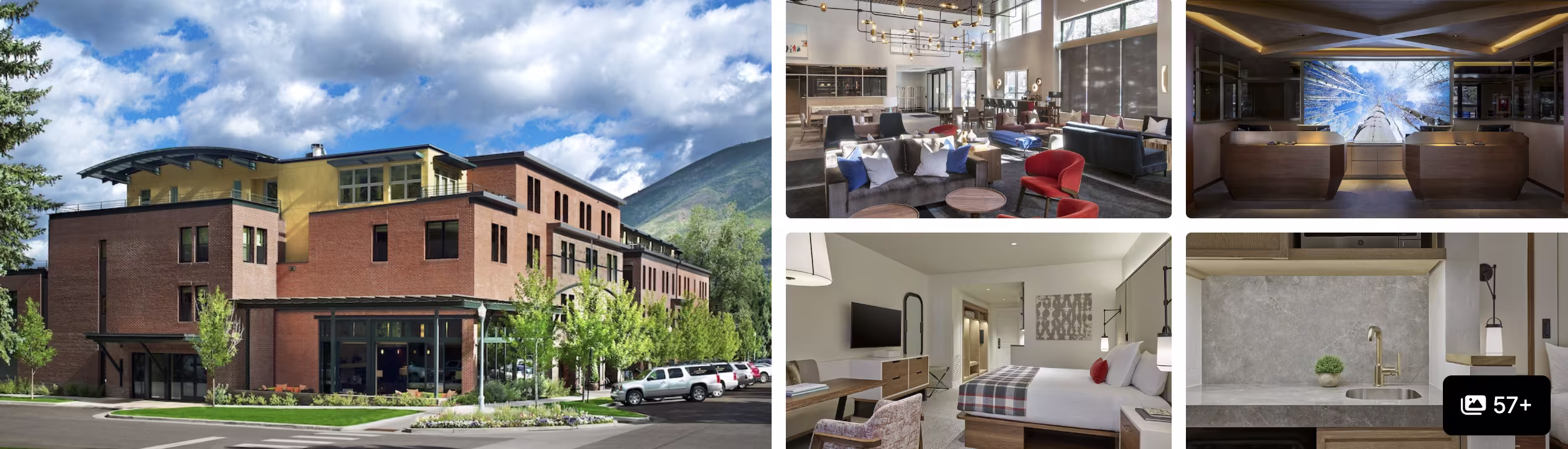 Photos of Hotel Jerome, Auberge Collection, Aspen: modern lobby lounge, guest room and marble bathroom with mountain views