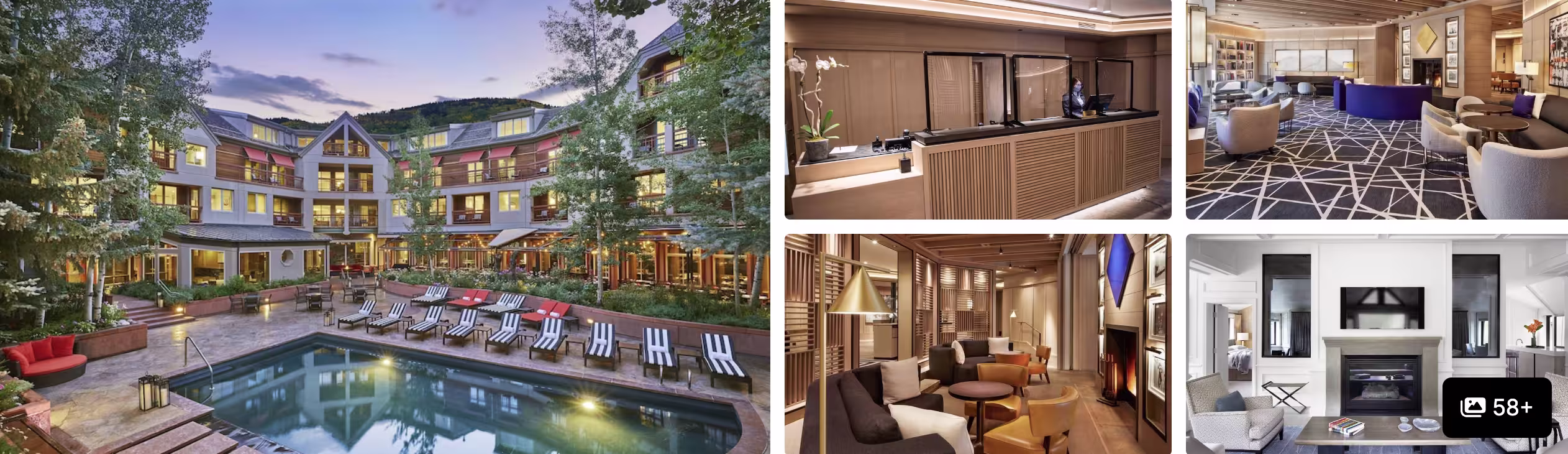 Photos of a luxury Aspen hotel: lit exterior with pool and loungers at dusk, refined lounges and fireplace seating