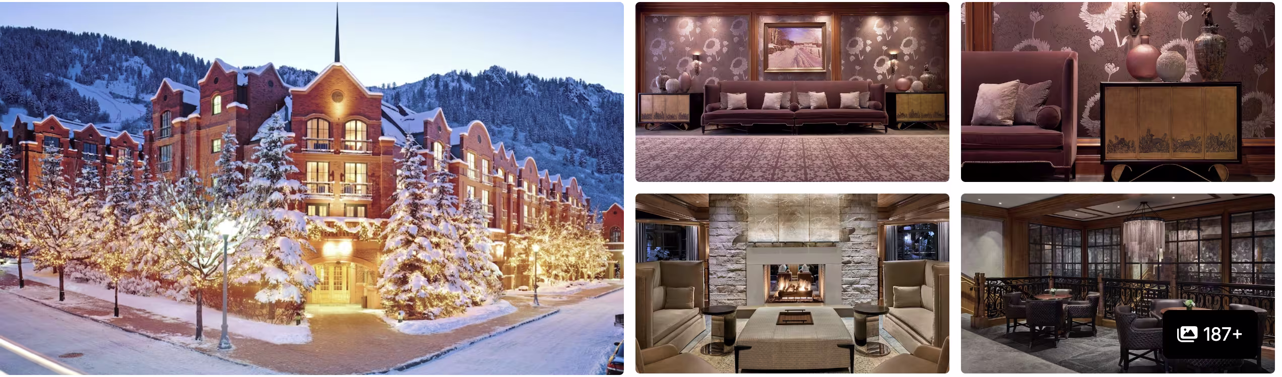 Photos of The Little Nell, Aspen: snow-covered brick facade lit at night, plush lounges and stone fireplace seating