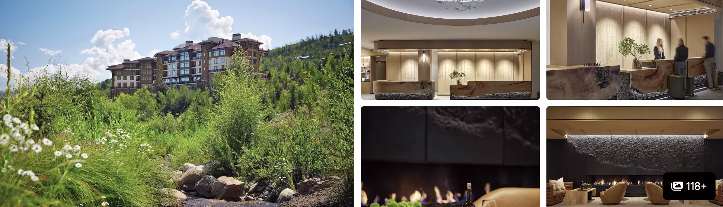Photos of a Snowmass Village hotel: mountain-set lodge amid wildflowers, modern lobby and fireplace lounge