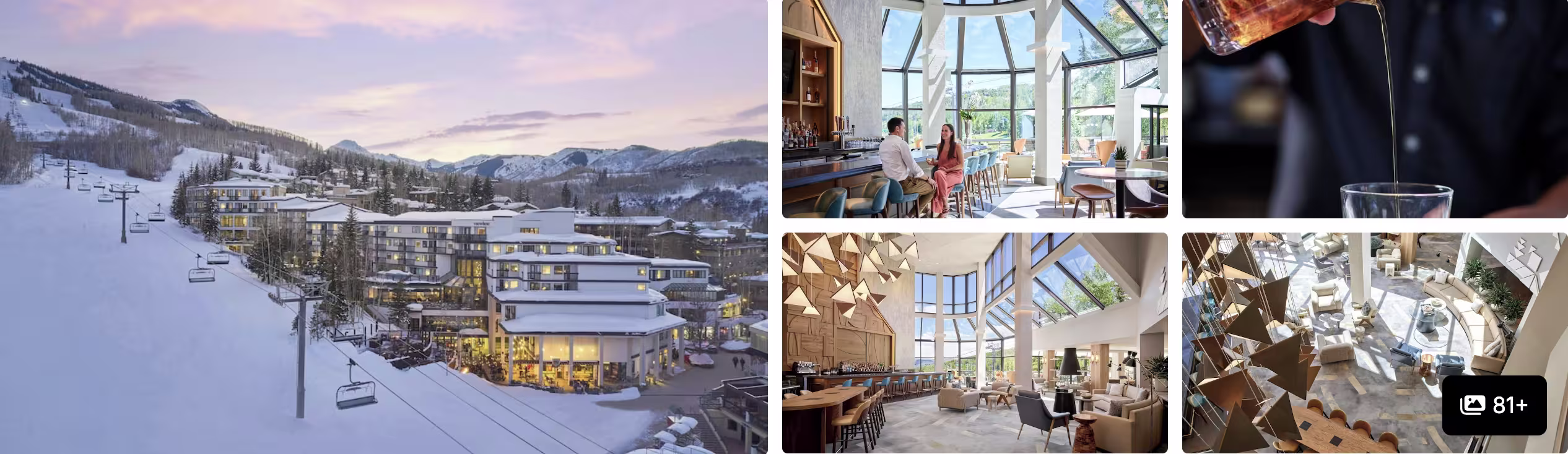 Photos of Viceroy Snowmass: snowy resort and ski slopes at dusk, glass-walled bar and sculptural lobby