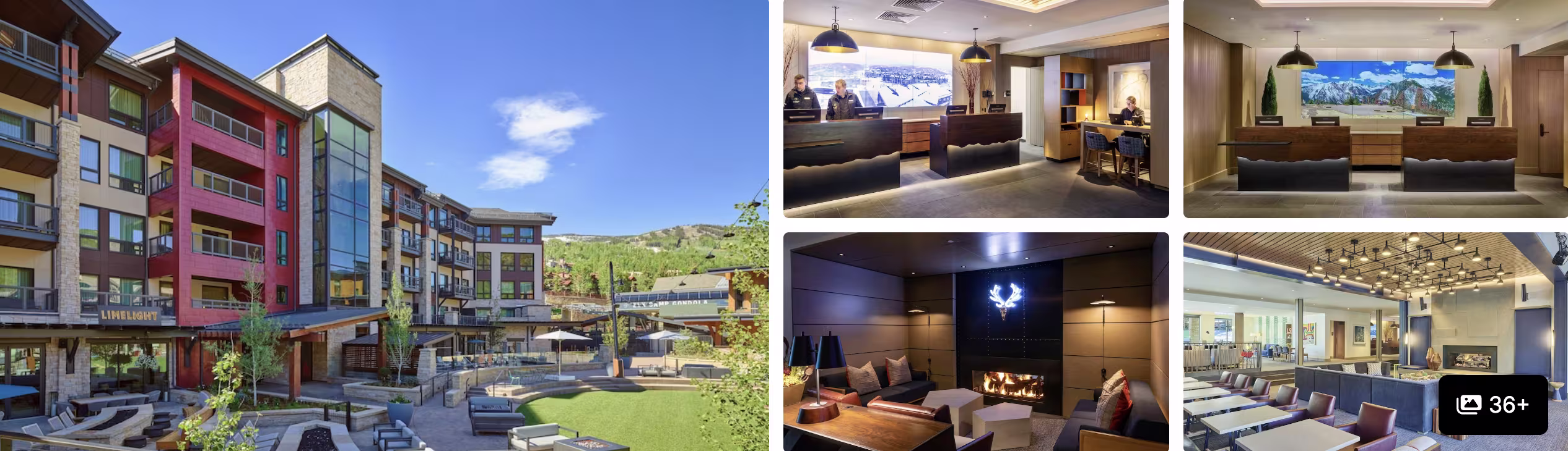 Photos of Viewline Resort Snowmass: modern courtyard exterior, mountain-view lounges and fireplace seating