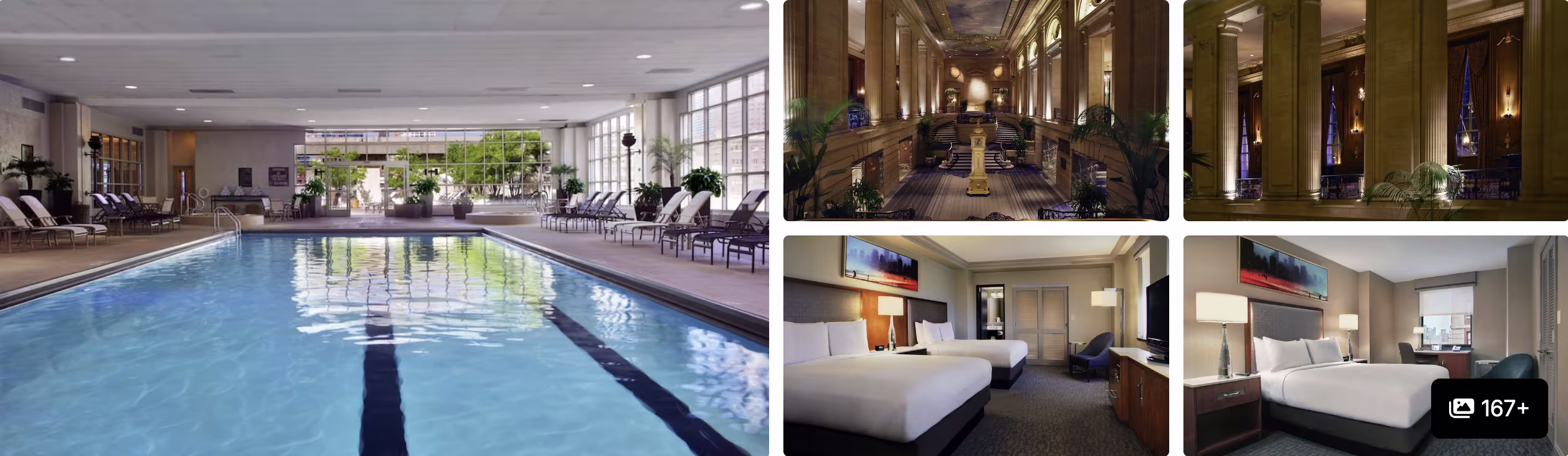 Photos of a hotel across from Grant Park, Chicago: large indoor lap pool, columned grand lobby and modern double-bed guest rooms