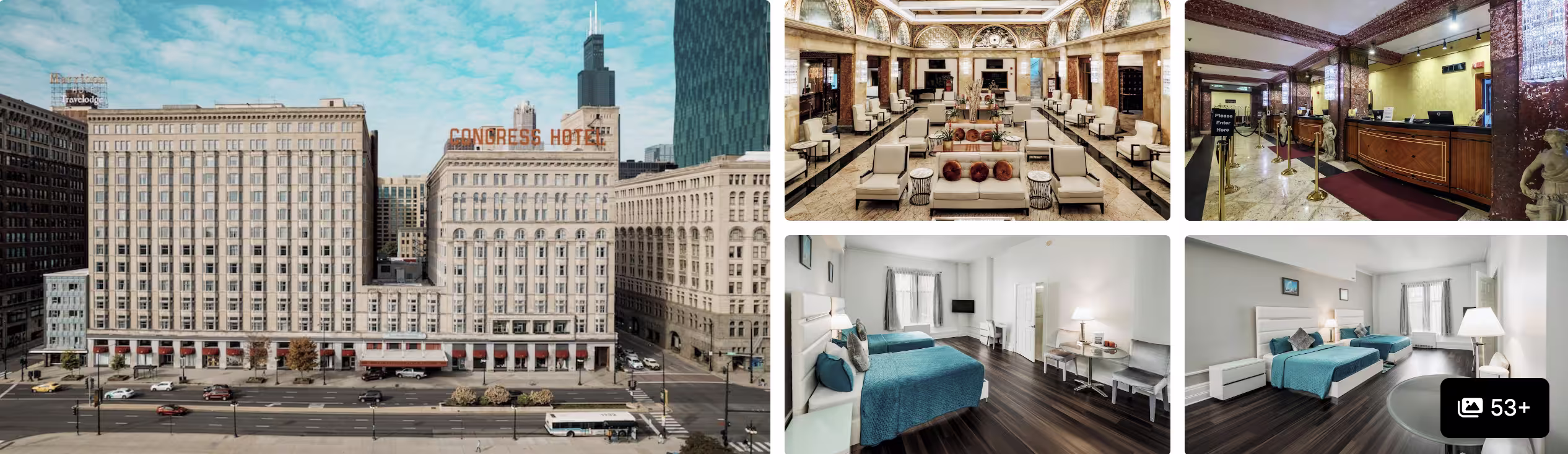 Photos of Hilton Chicago: historic stone facade on Michigan Avenue, grand lobby, reception desk and blue-accented guest rooms