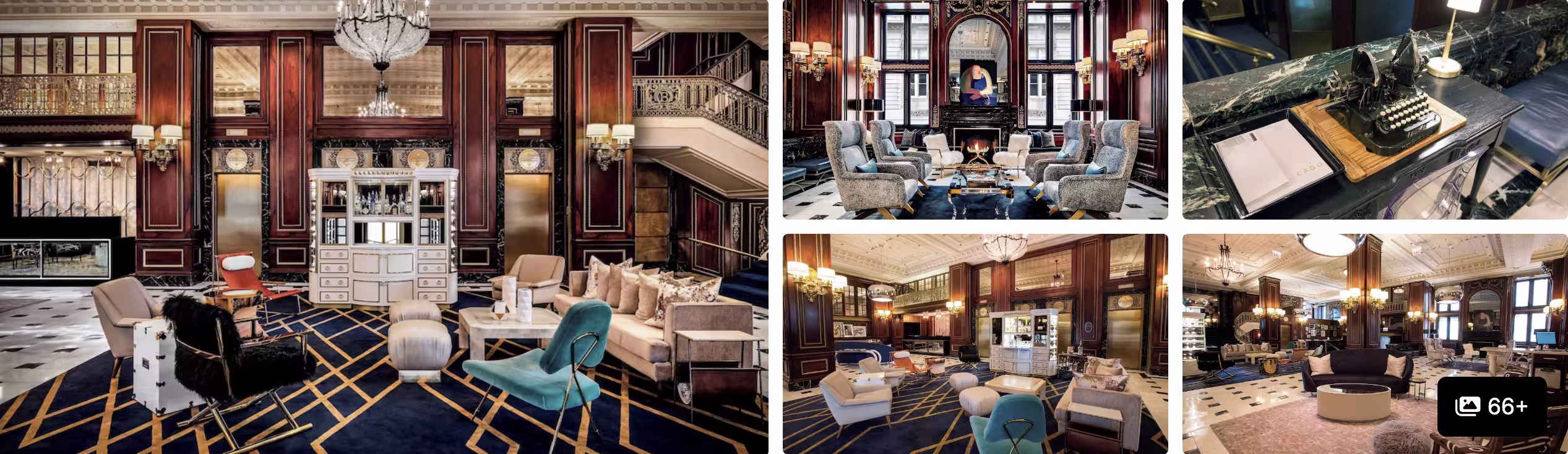 Photos of The Blackstone, Autograph Collection, Chicago: ornate paneled lobby with chandelier, lounge seating and library room