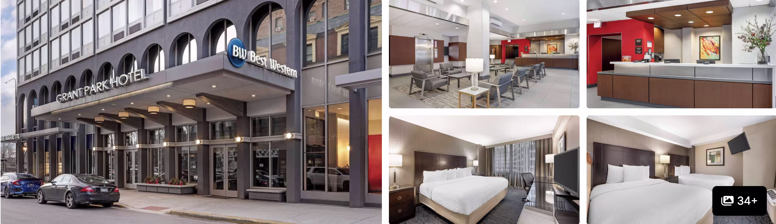 Photos of a Chicago hotel near Grant Park: arched-window facade with Grant Park Hotel sign, breakfast area, reception and guest rooms