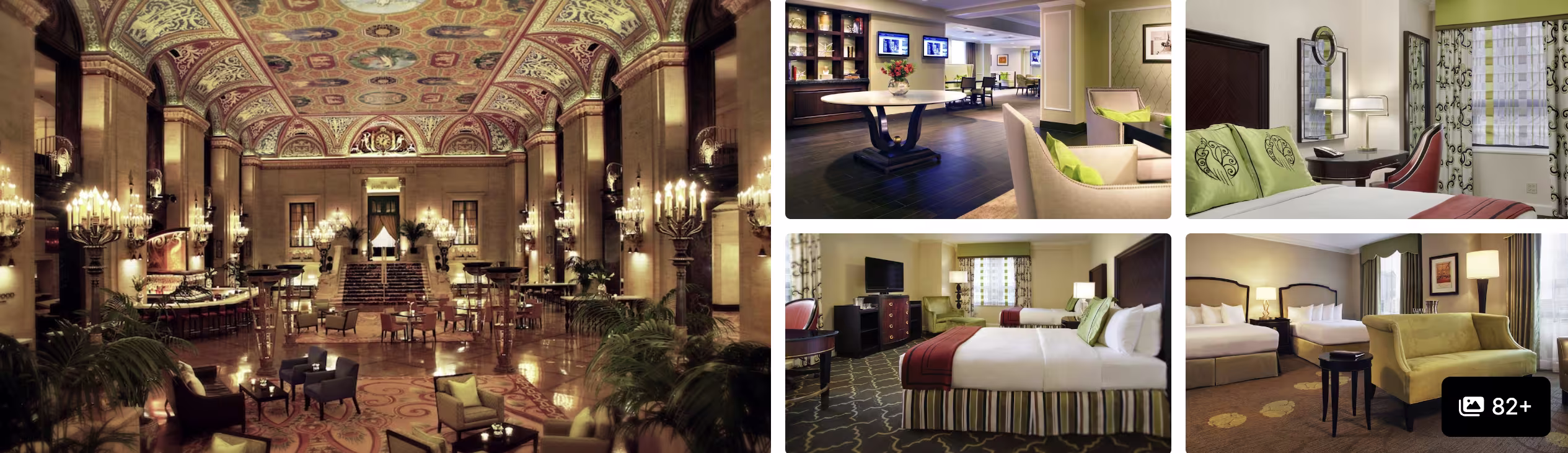 Photos of a Loop hotel near Grant Park, Chicago: famed frescoed-ceiling lobby with chandeliers, library, and guest rooms