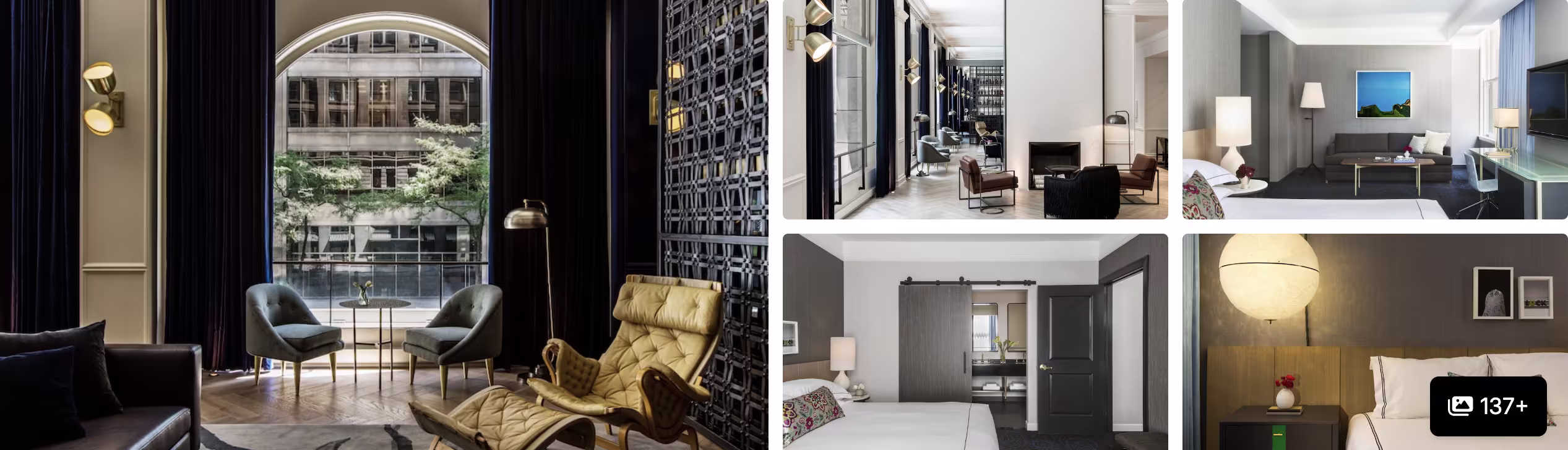 Photos of Palmer House, a Hilton Hotel in Chicago: elegant lounge with arched window, modern guest rooms and suites