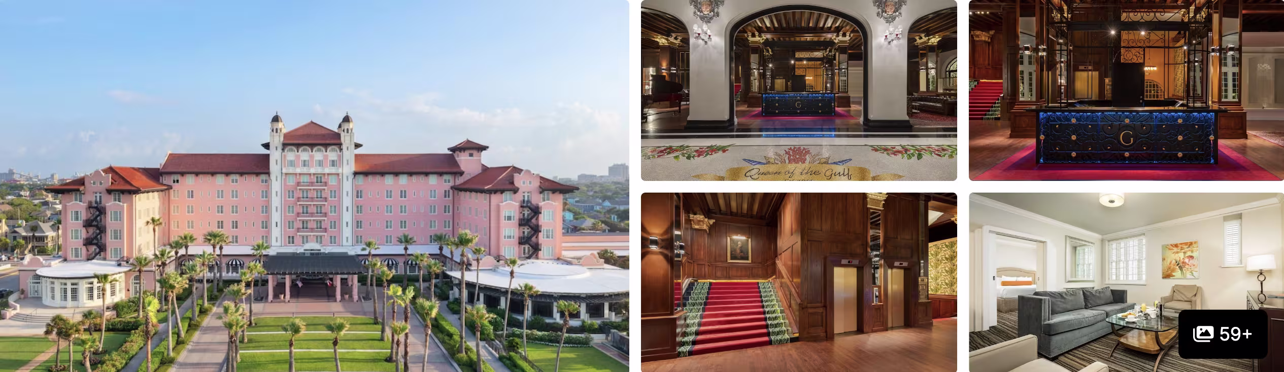 Photos of Grand Galvez Resort, Galveston: pink Spanish-revival resort facade, ornate lobby, grand staircase and seating area