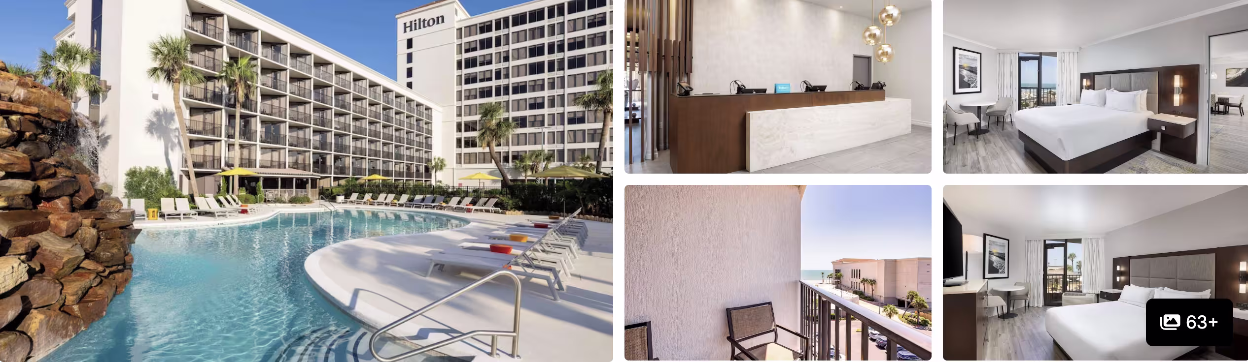 Photos of Hilton Galveston Island Resort: curved poolside with rockwork waterfall, modern reception, guest rooms and balconies