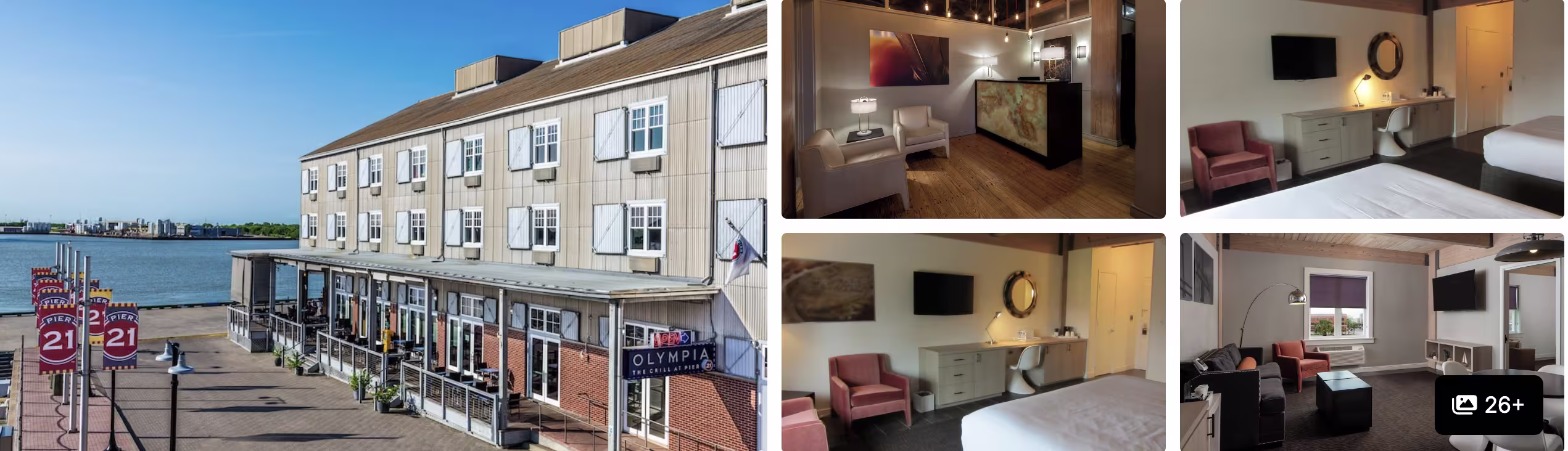 Photos of a Houston waterfront hotel: brick building along the pier with red-and-white awnings, warm guest rooms and lounge seating