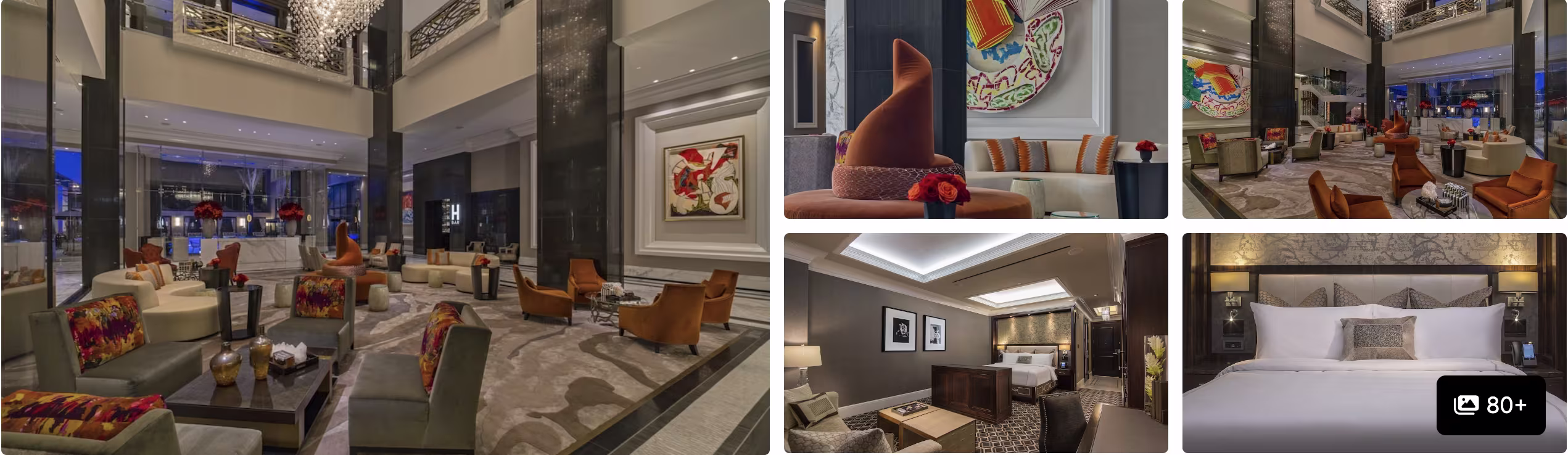 Photos of The Post Oak Hotel, Houston: art-filled marble lobby and lounge, modern dark suite and white king bedroom