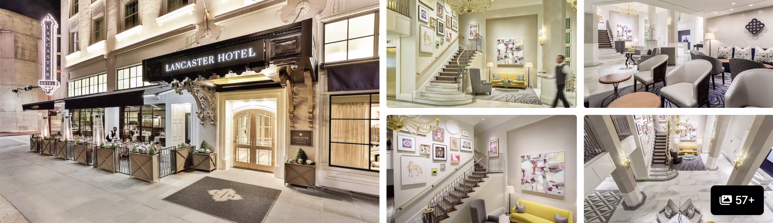 Photos of The Lancaster Hotel, Houston: ornate street entrance, art-lined staircase and gallery, elegant lounge seating