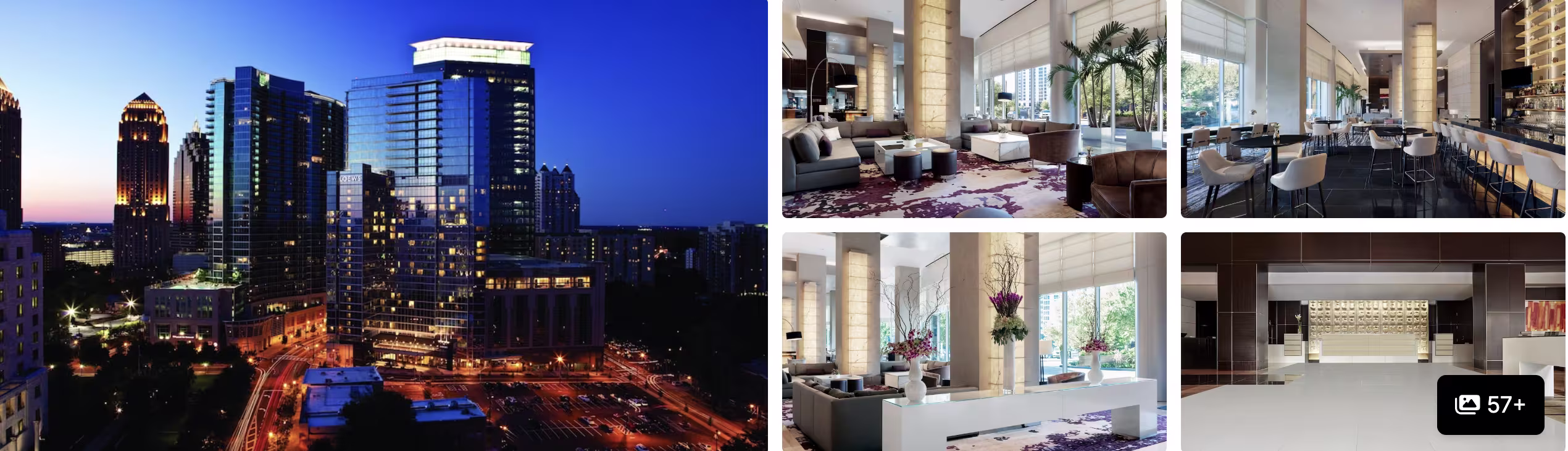 Photos of an Atlanta hotel: illuminated downtown skyline at dusk, marble lobby lounges and reception area