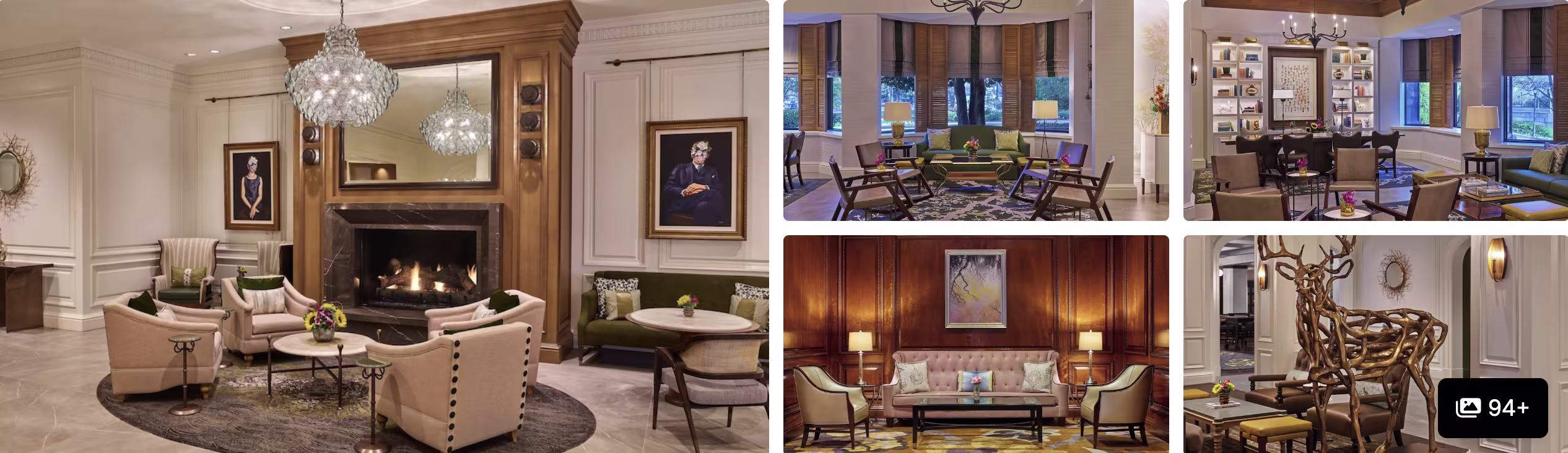 Photos of Loews Atlanta Hotel: refined lobby lounge with fireplace and portraits, library seating and antler-decor sitting room