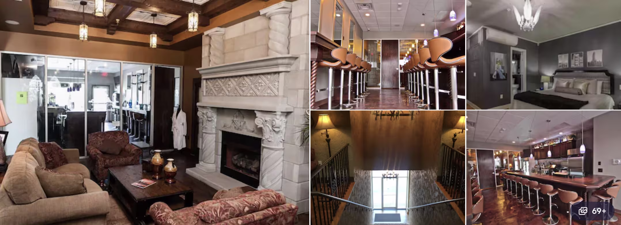 Photos of The Campbell Hotel, Tulsa: grand carved stone fireplace lounge, long corridor, grey bedroom and wood-paneled bar