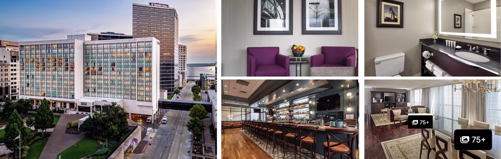 Photos of a Tulsa, Oklahoma hotel: tall downtown hotel tower at sunset, purple lounge chairs, bar seating and marble bathroom