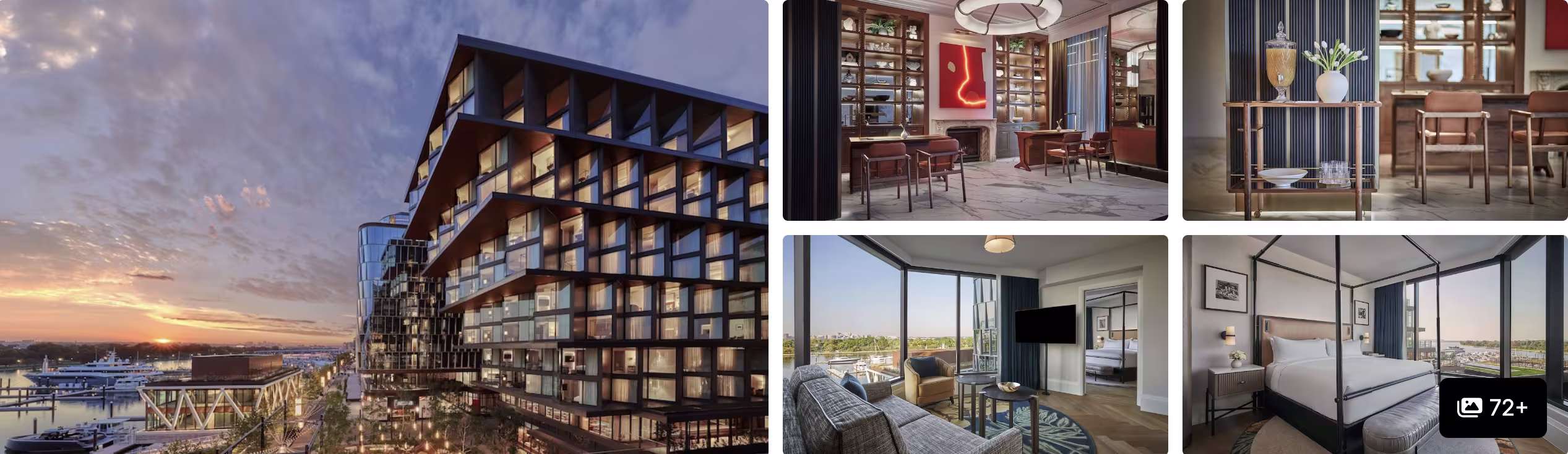 Photos of a Washington, D.C. waterfront hotel: dramatic angular riverside facade at sunset, library lounge and rooms with water views