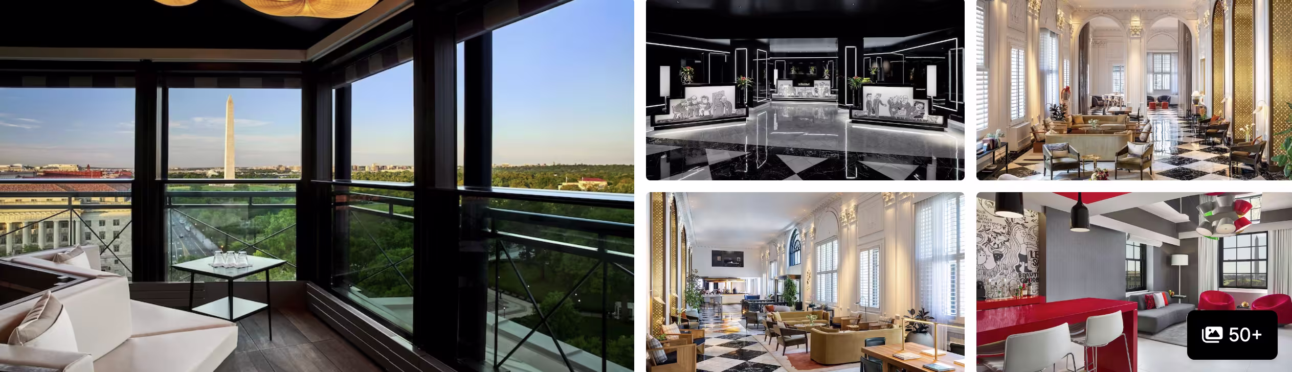 Photos of Pendry Washington DC, The Wharf: corner lounge with Washington Monument view, black-and-white lobby and bright sitting rooms